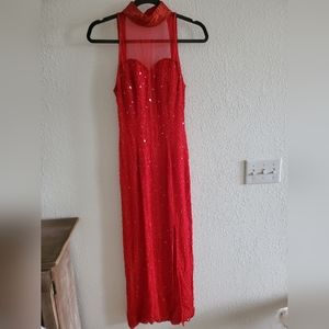 Sean Vintage 80s 90s Red Sequin Beaded Silk Formal Party Prom Pageant Dress S